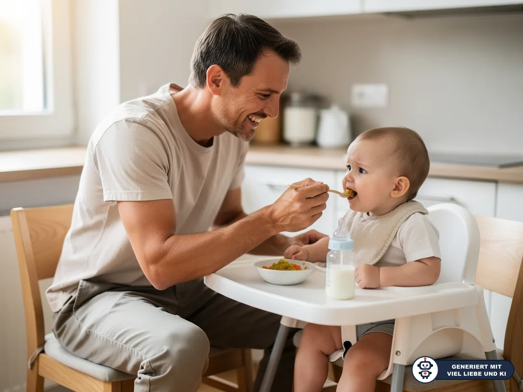 Vater füttert Baby im Hochstuhl mit Brei; Schüssel und Milchflasche stehen auf dem Tisch in der Küche. (mit KI erstellt)