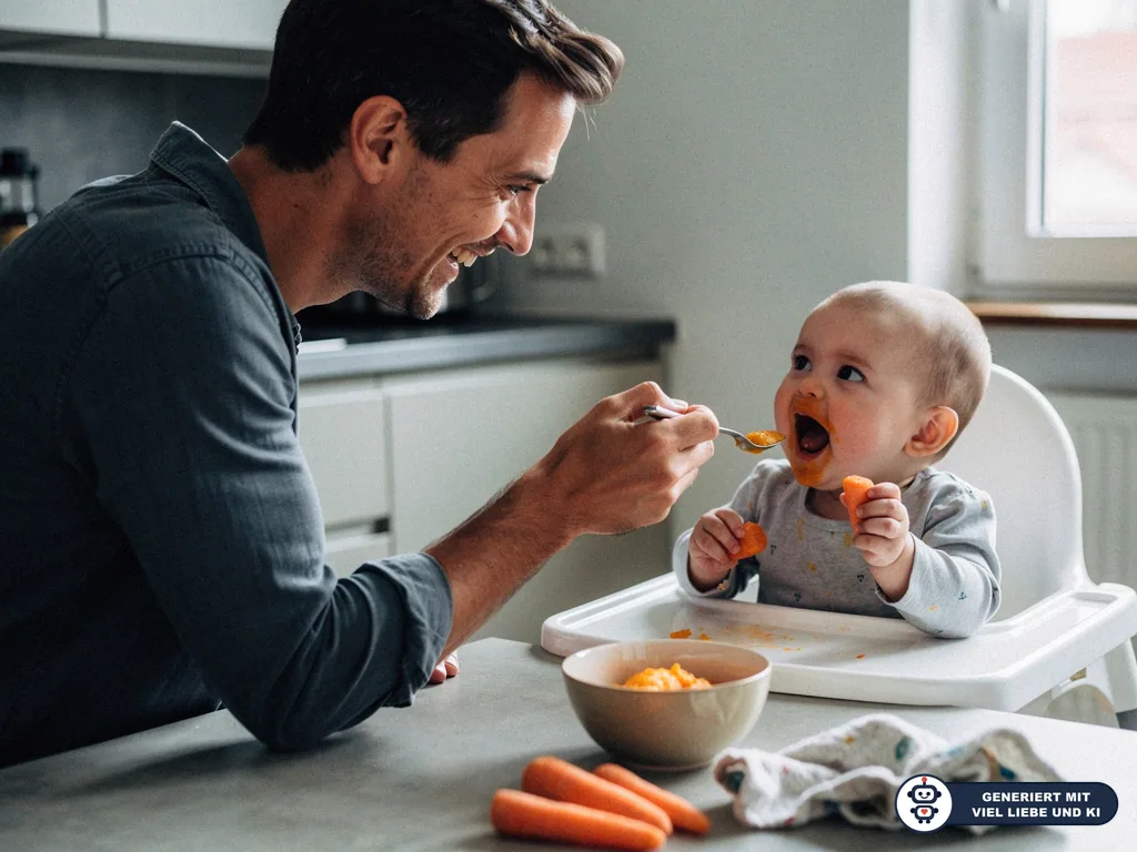 Vater füttert Baby im Hochstuhl mit orangefarbenem Brei; auf dem Tisch liegen Möhren und eine Schüssel. (mit KI erstellt)