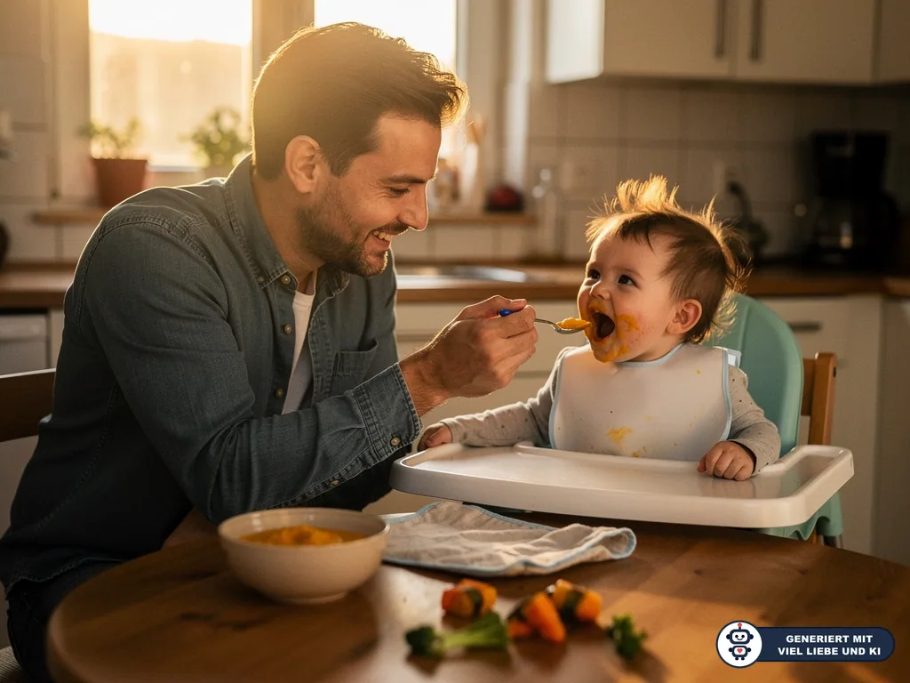 Vater füttert Baby im Hochstuhl mit orangefarbenem Brei in der Küche. (mit KI erstellt)