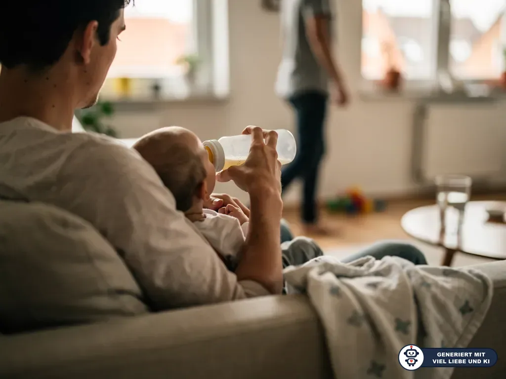 Vater füttert ein Baby auf dem Sofa mit der Flasche, im Hintergrund steht eine zweite Person am Fenster. (mit KI erstellt)