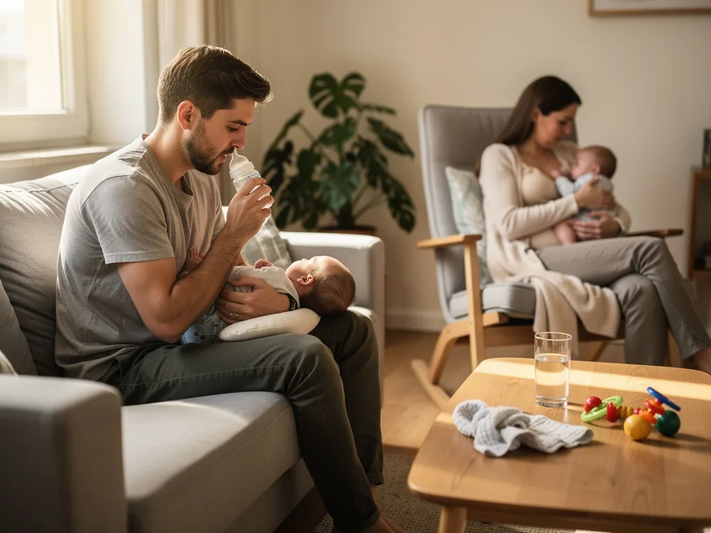 Vater füttert ein Baby mit der Flasche, während die Mutter im Hintergrund ein zweites Baby stillt.