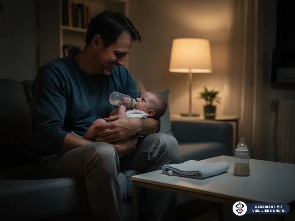 Vater füttert ein Neugeborenes abends auf dem Sofa mit der Flasche, daneben stehen Babyflasche und Tuch. (mit KI erstellt)