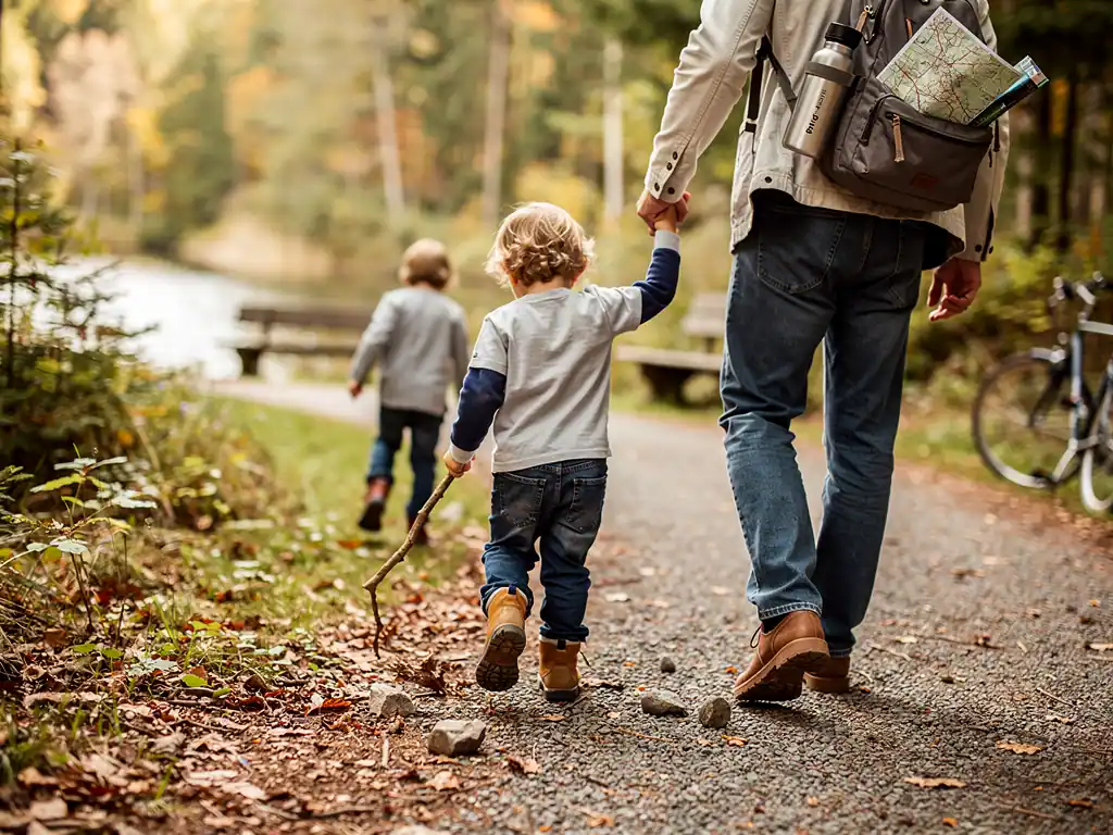 Vater geht mit zwei Kindern am See entlang; im Rucksack stecken Trinkflasche, Karte und Stifte.