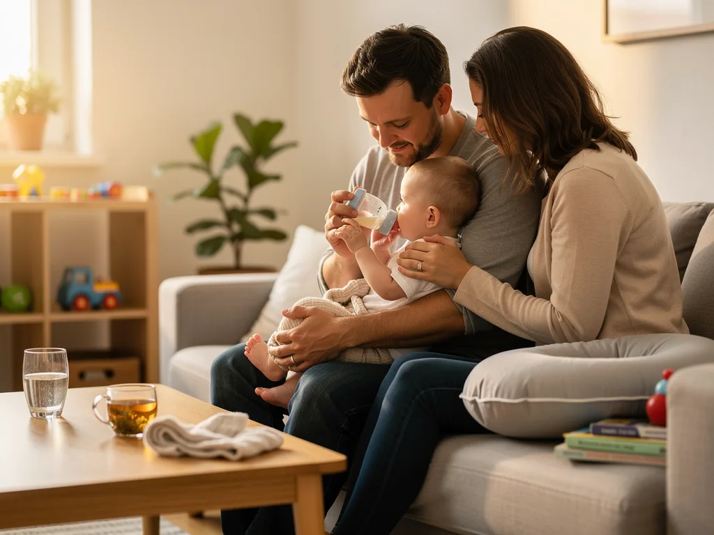 Vater gibt Baby auf dem Sofa die Flasche, Mutter sitzt nah daneben und berührt beide liebevoll.