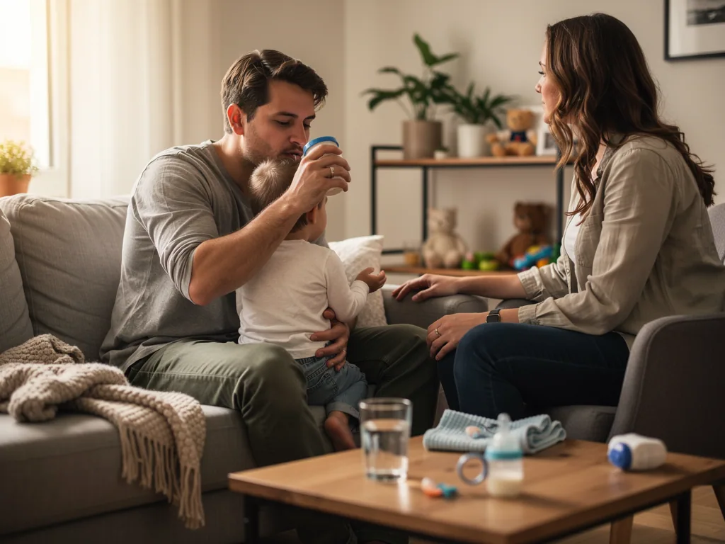 Vater gibt Baby auf dem Sofa die Flasche, während die Mutter daneben sitzt und mit ihm spricht.