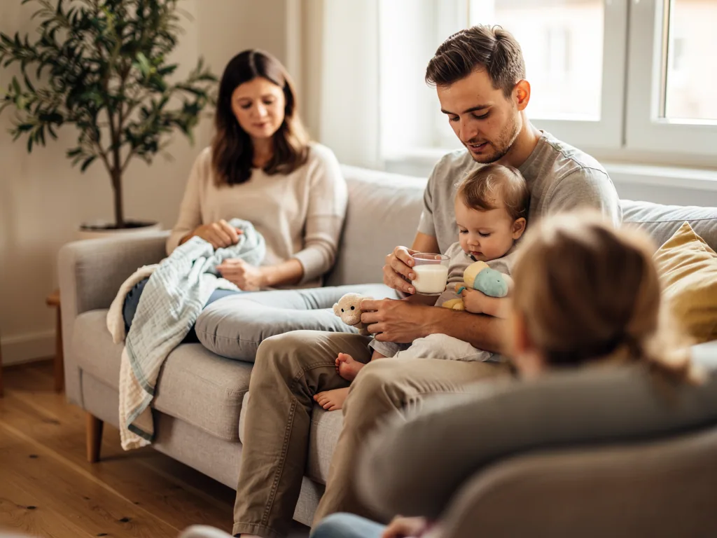 Vater gibt Baby auf dem Sofa Milch aus einem Becher, Mutter sitzt daneben mit Decke im Wohnzimmer.