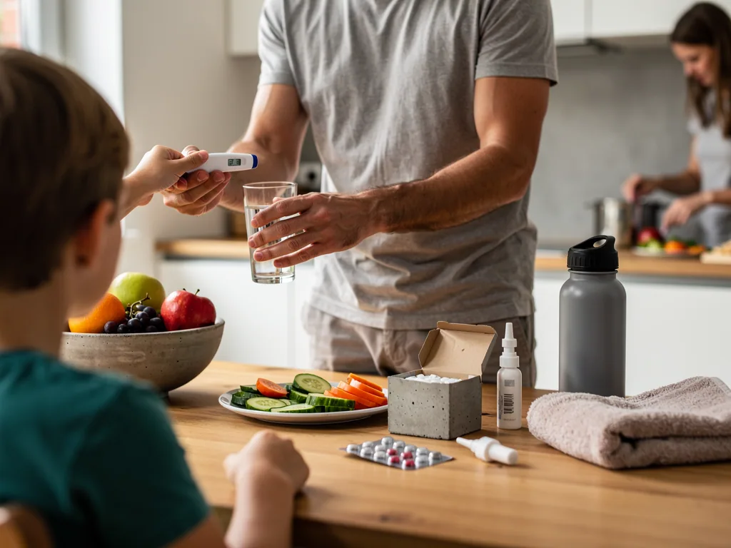 Vater gibt Kind ein Fieberthermometer, auf dem Küchentisch liegen Medikamente, Obst, Gemüse und Wasser.