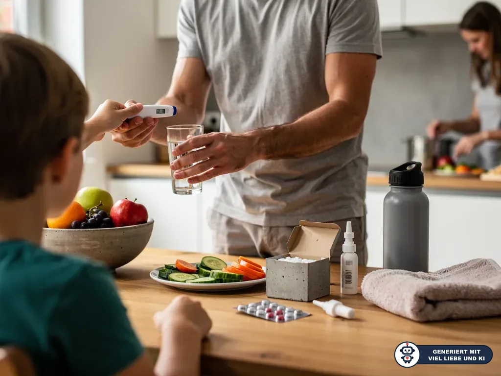 Vater gibt Kind ein Fieberthermometer, auf dem Küchentisch liegen Medikamente, Obst, Gemüse und Wasser. (mit KI erstellt)
