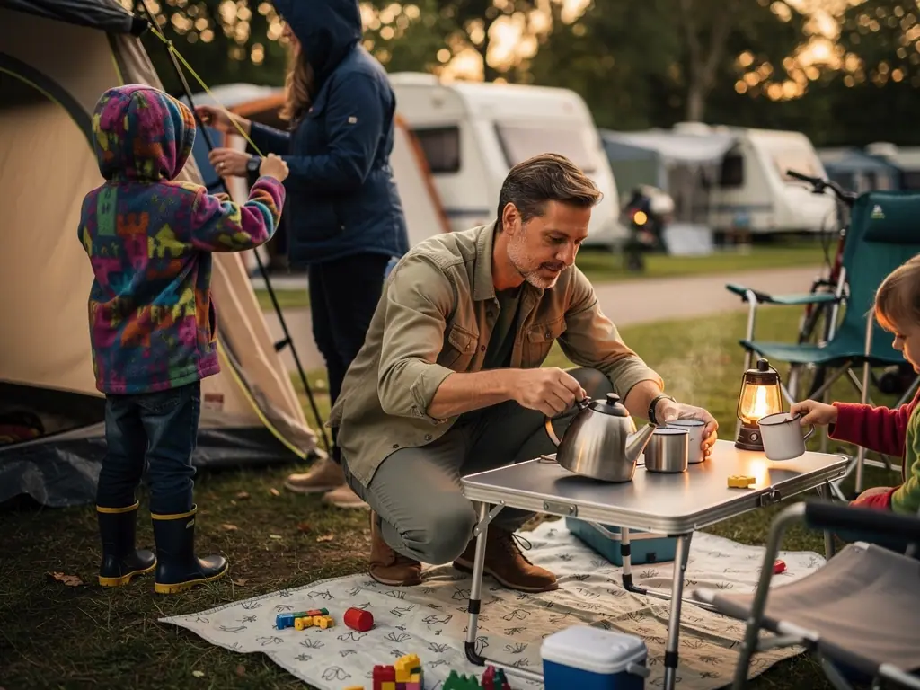 Vater gießt am Campingtisch Tee ein, ein Kind hält einen Becher; daneben Zelt, Laterne und Campingplatz.