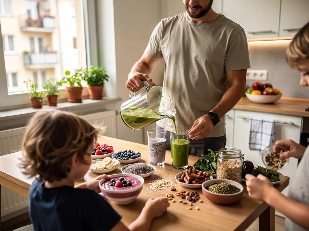 Vater gießt grünen Smoothie ein, Kinder sitzen am Küchentisch mit Beeren, Nüssen, Samen und Haferflocken.
