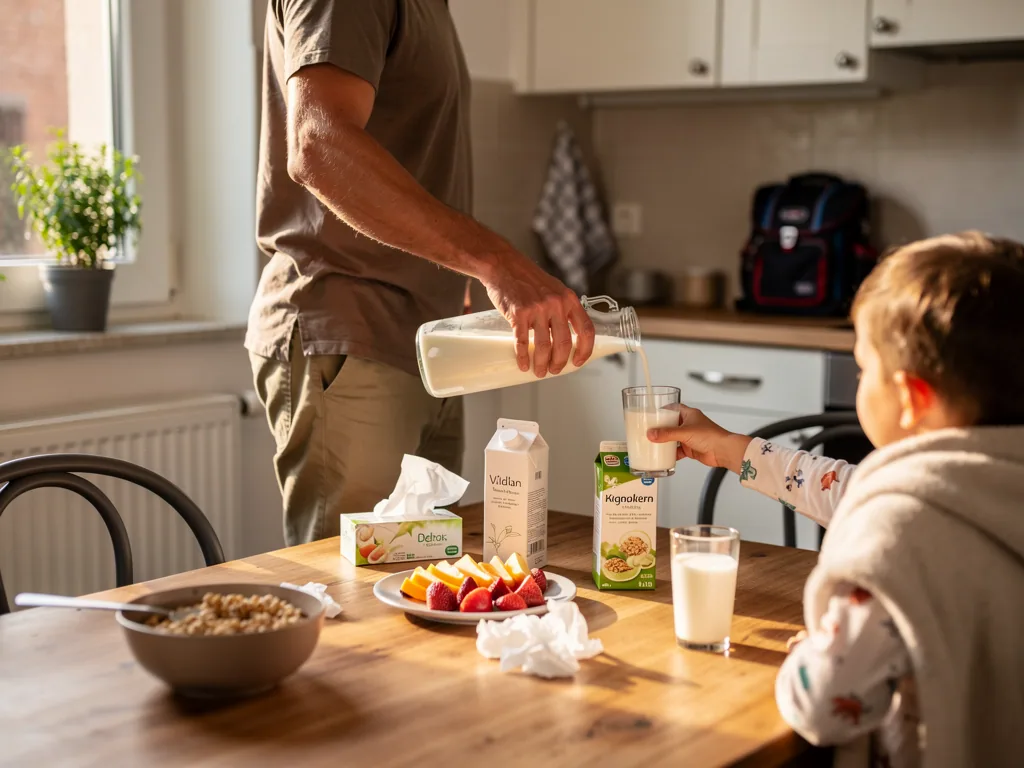 Vater gießt Milch in ein Glas, während ein Kind am Frühstückstisch sitzt; daneben Müsli, Obst und Taschentücher.