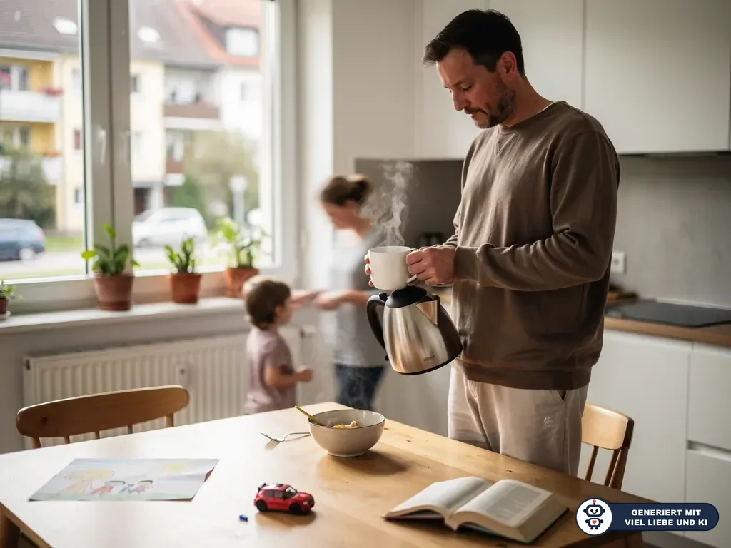 Vater gießt sich in der Küche Tee ein, während Kind und zweiter Erwachsener im Hintergrund sind. (mit KI erstellt)