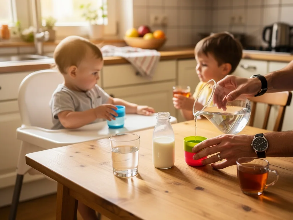Vater gießt Wasser in Kinderbecher; Baby und Kleinkind sitzen am Küchentisch mit weiteren Getränken.