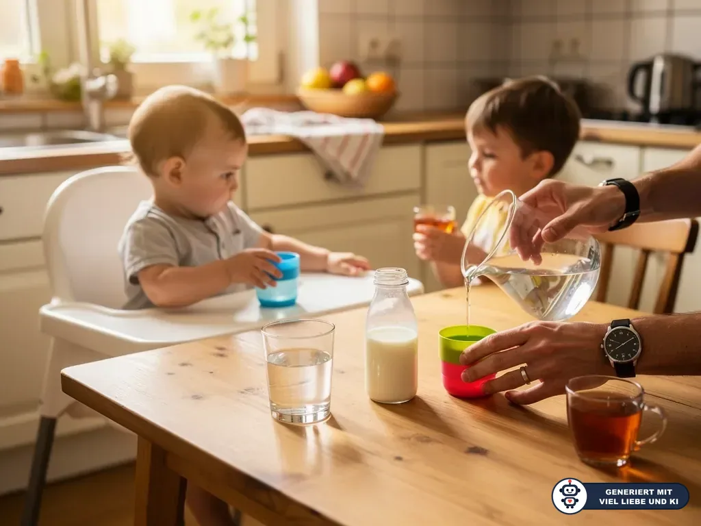 Vater gießt Wasser in Kinderbecher; Baby und Kleinkind sitzen am Küchentisch mit weiteren Getränken. (mit KI erstellt)
