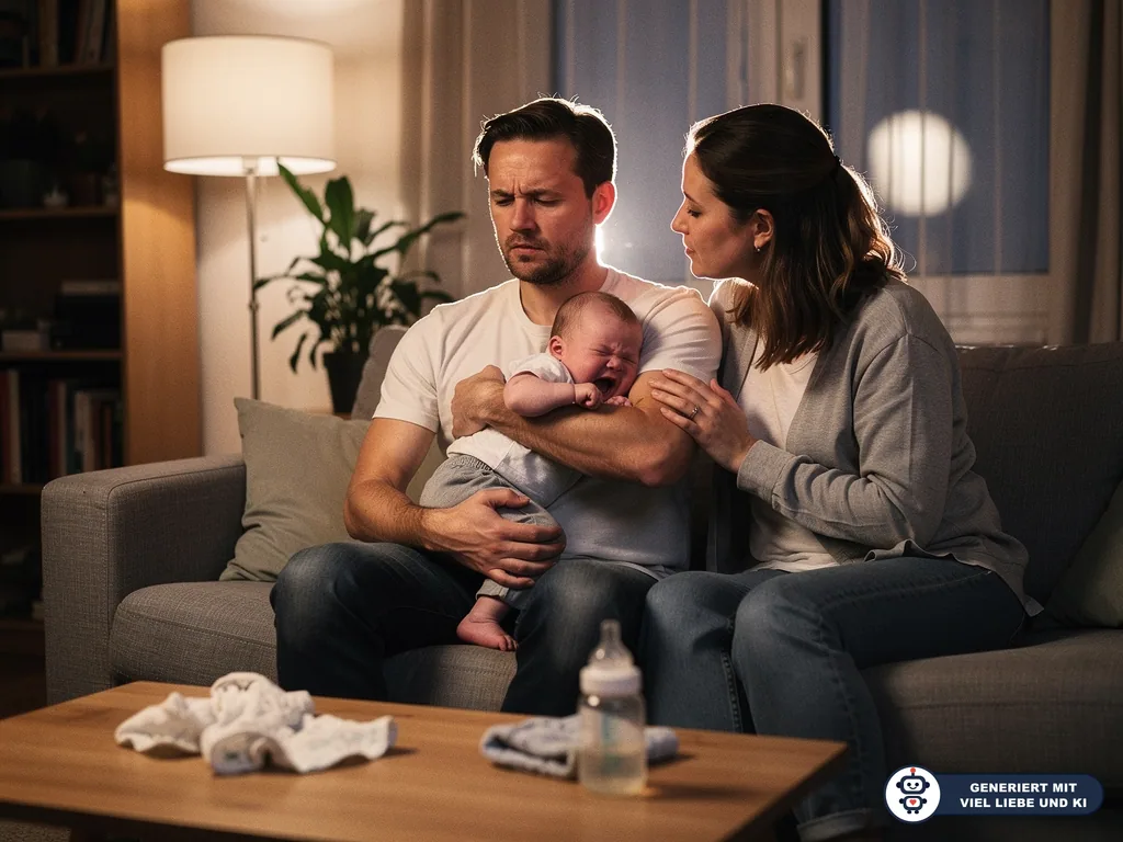 Vater hält abends ein schreiendes Baby auf dem Sofa, die Mutter legt beruhigend die Hand auf seinen Arm. (mit KI erstellt)