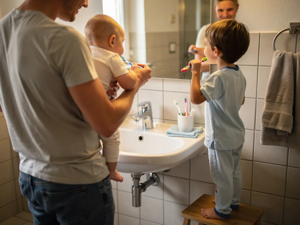 Vater hält Baby am Waschbecken, während ein Kind auf einem Hocker vor dem Spiegel die Zähne putzt.