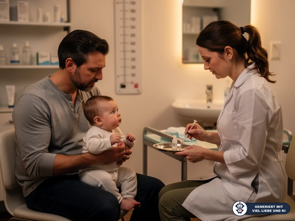 Vater hält Baby auf dem Schoß, während eine Ärztin in der Praxis eine Impfung vorbereitet. (mit KI erstellt)