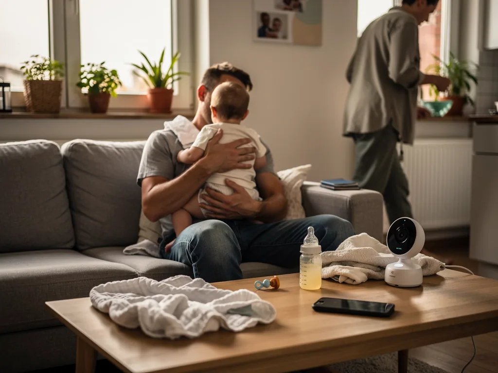 Vater hält Baby auf dem Sofa; auf dem Couchtisch stehen Fläschchen, Schnuller, Spucktuch und Babyphone.