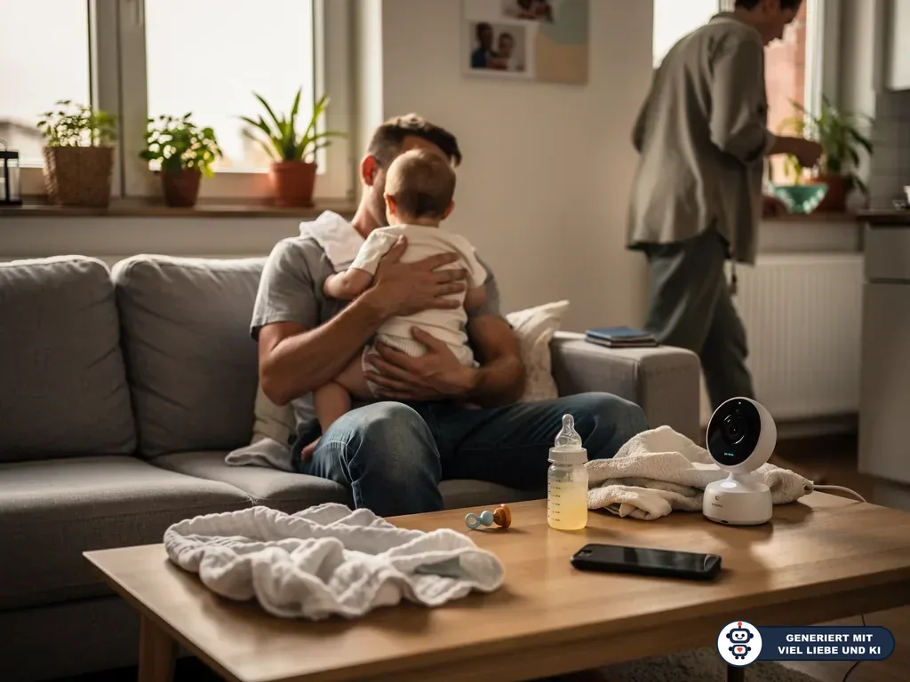 Vater hält Baby auf dem Sofa; auf dem Couchtisch stehen Fläschchen, Schnuller, Spucktuch und Babyphone. (mit KI erstellt)