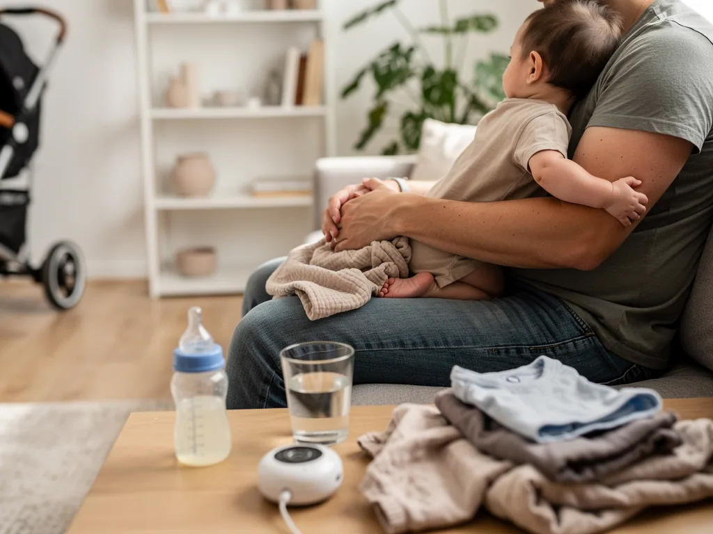 Vater hält Baby auf dem Sofa; auf dem Tisch stehen Flasche, Glas, Babyphone und gefaltete Babykleidung.