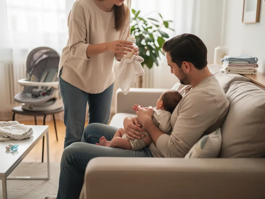 Vater hält Baby auf dem Sofa, daneben steht eine Frau mit Babyflasche und Tuch im hellen Wohnzimmer.