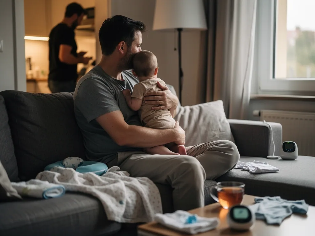Vater hält Baby auf dem Sofa, während Babyphone und Kleidung bereitliegen; im Hintergrund steht ein Erwachsener.