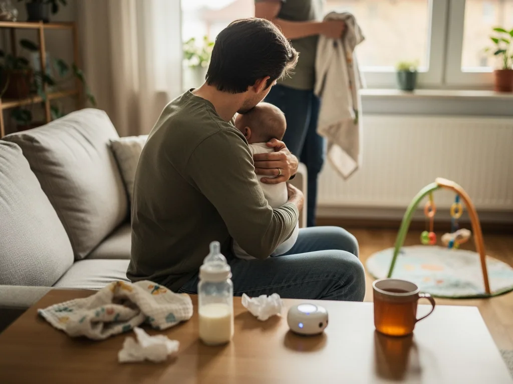 Vater hält Baby auf dem Sofa, während eine zweite Person am Fenster steht; auf dem Tisch stehen Flasche und Babyphone.