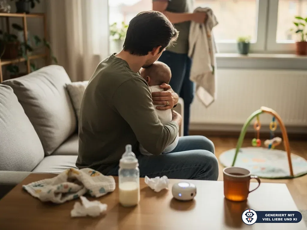 Vater hält Baby auf dem Sofa, während eine zweite Person am Fenster steht; auf dem Tisch stehen Flasche und Babyphone. (mit KI erstellt)