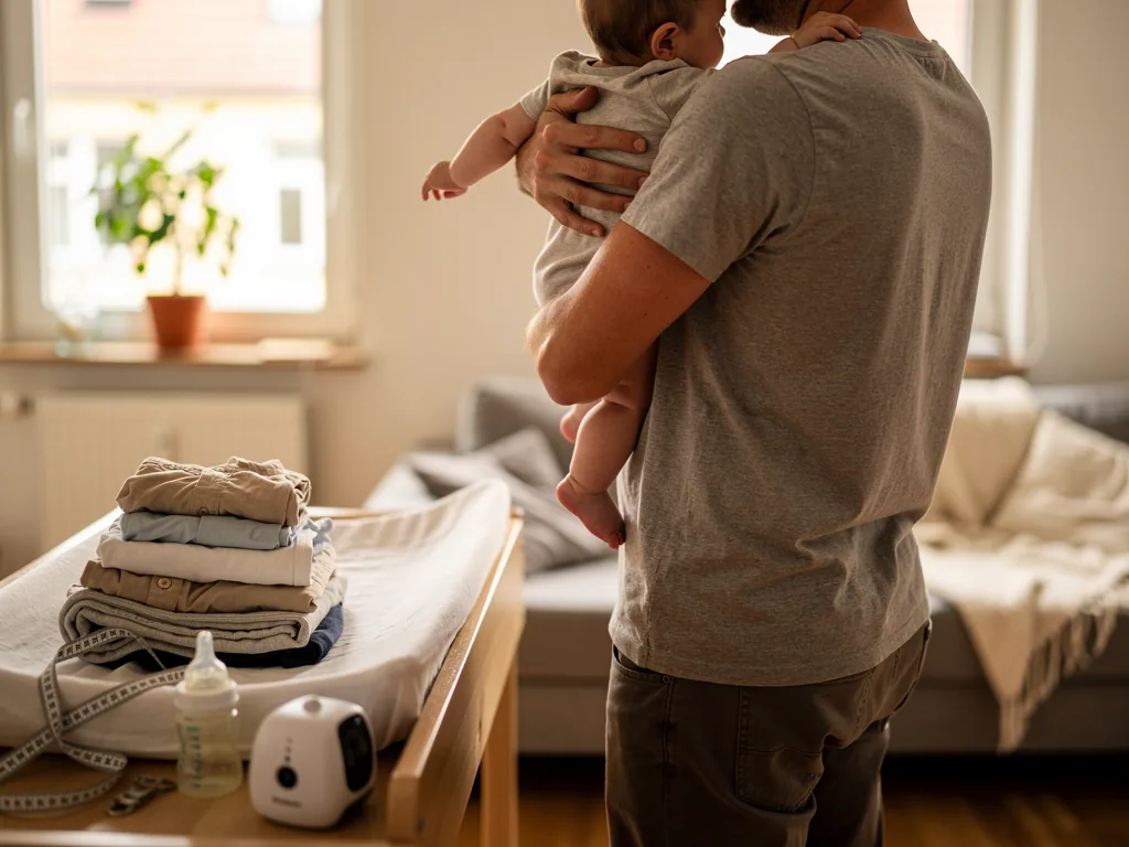 Vater hält Baby im Arm neben Wickeltisch mit Kleidung, Fläschchen und Babyphone im hellen Wohnzimmer.
