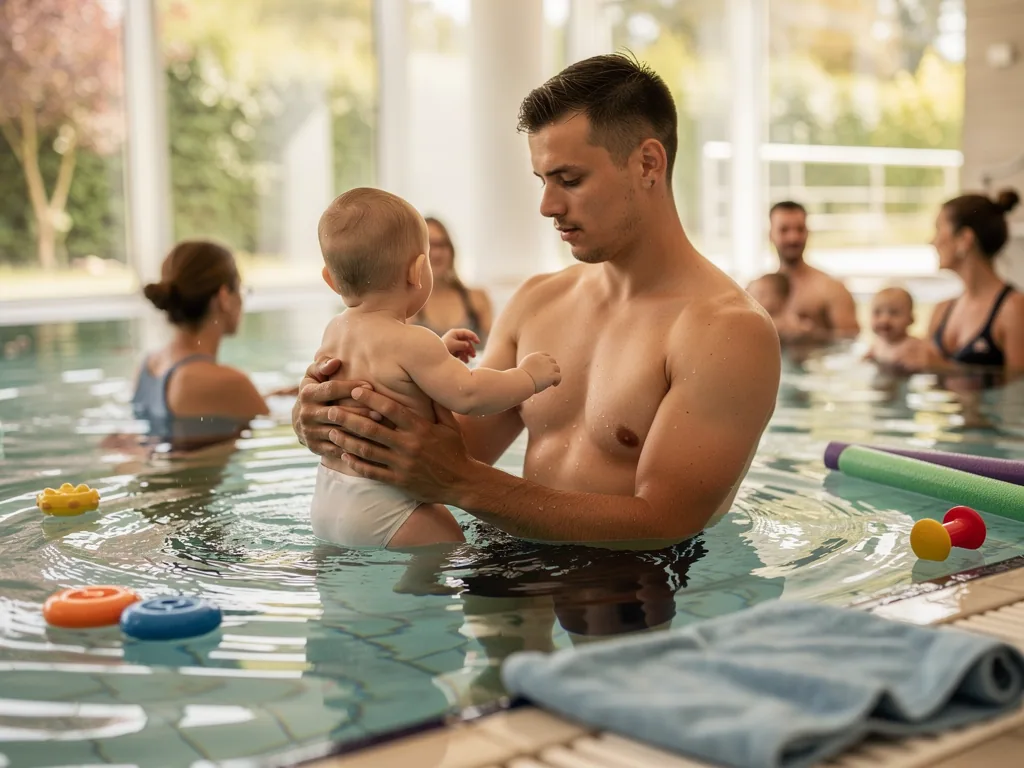 Vater hält Baby im Schwimmbadbecken, während andere Eltern mit Babys und Spielzeug im Wasser sind.