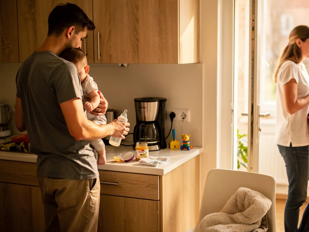 Vater hält Baby in der Küche und bereitet ein Fläschchen vor, während die Mutter am offenen Fenster steht.