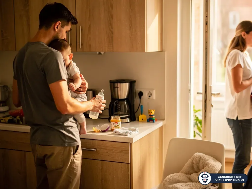 Vater hält Baby in der Küche und bereitet ein Fläschchen vor, während die Mutter am offenen Fenster steht. (mit KI erstellt)