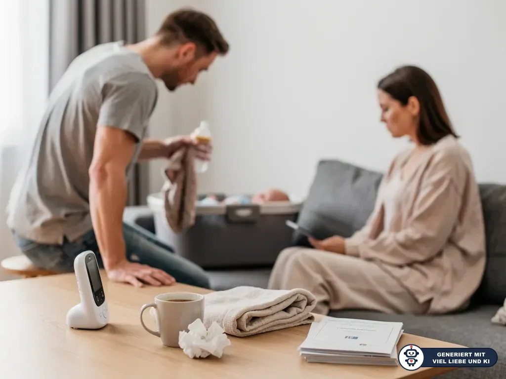 Vater hält Babyflasche am Sofa, Mutter sitzt erschöpft mit Handy neben schlafendem Baby im Wohnzimmer. (mit KI erstellt)