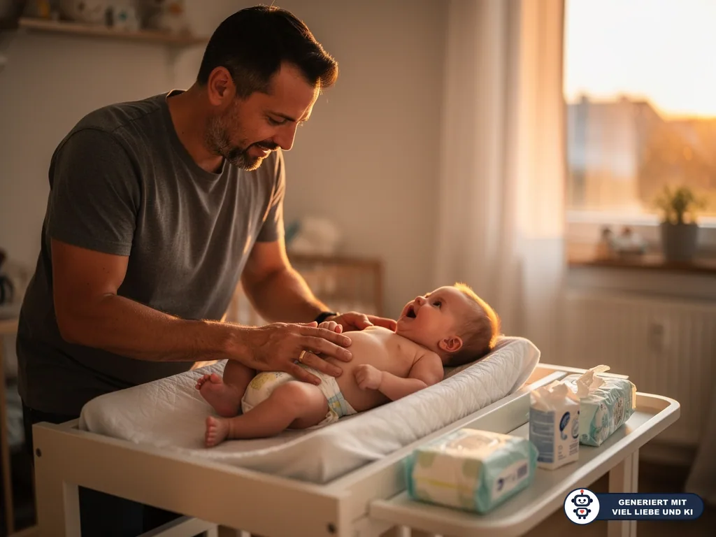 Vater hält beim Wickeln beide Hände am Baby auf der Wickelkommode, Pflegeprodukte liegen seitlich bereit. (mit KI erstellt)