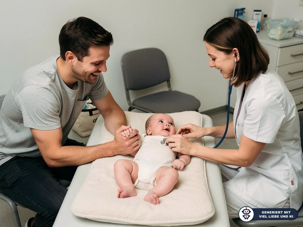 Vater hält die Hand seines Babys, während eine Kinderärztin es mit dem Stethoskop abhört. (mit KI erstellt)