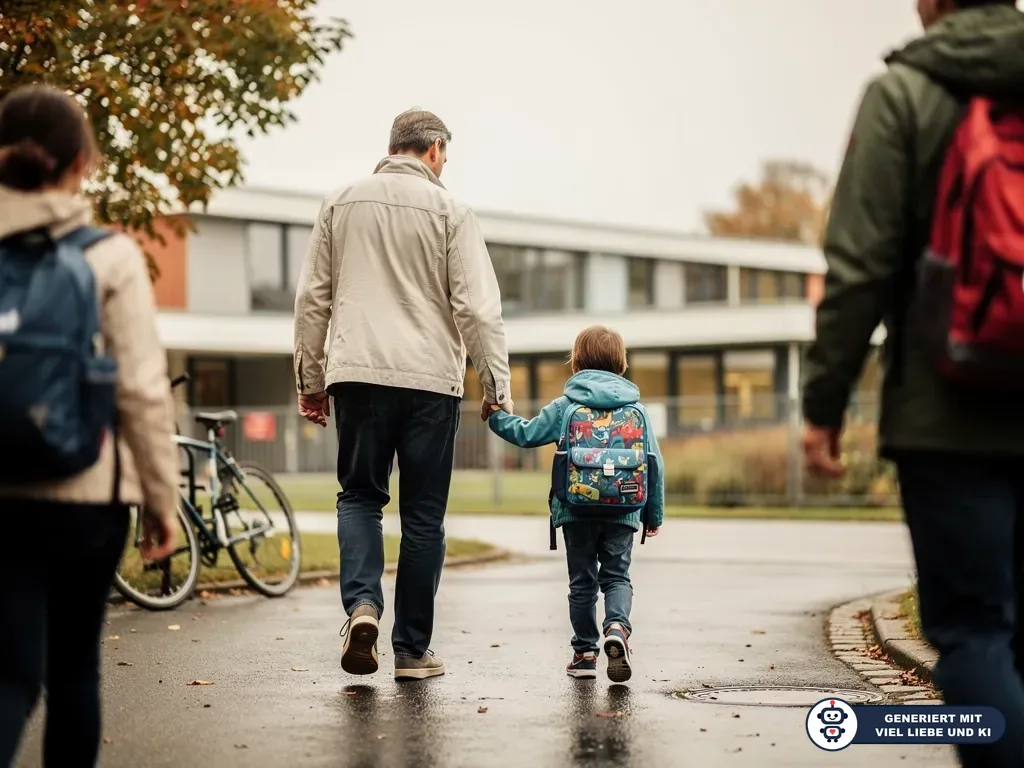 Vater hält die Hand seines Kindes mit Schulranzen auf dem Weg zur Grundschule, weitere Eltern gehen voraus. (mit KI erstellt)