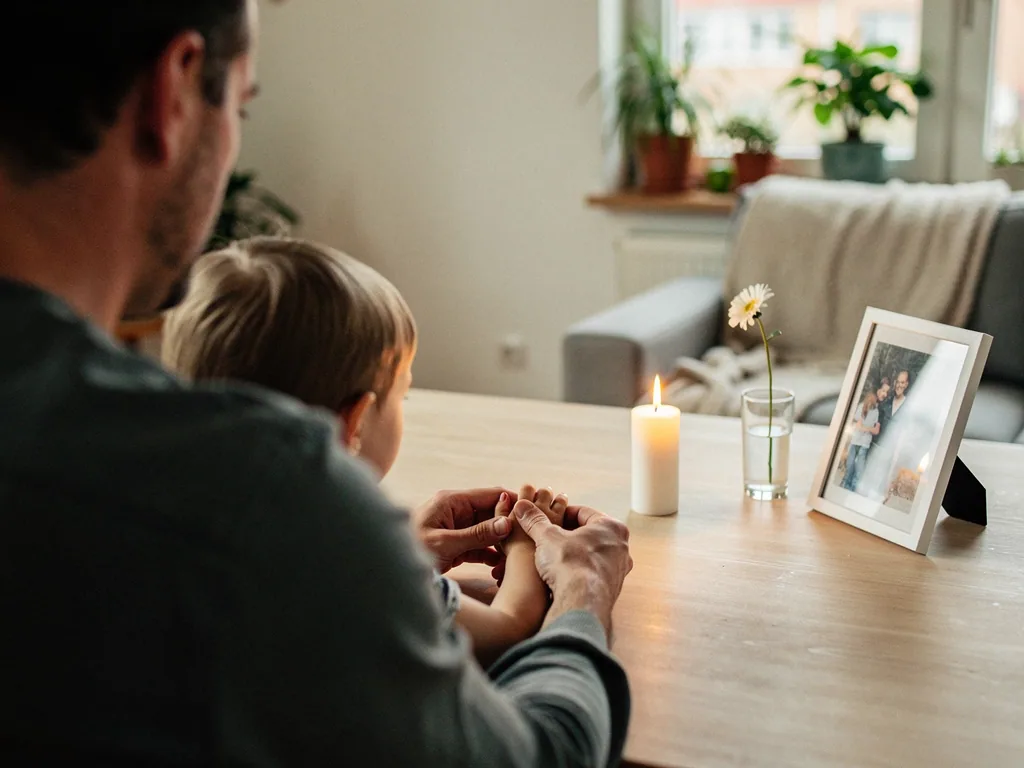Vater hält die Hand seines Kindes vor einer Kerze, einer Blume und einem gerahmten Familienfoto.