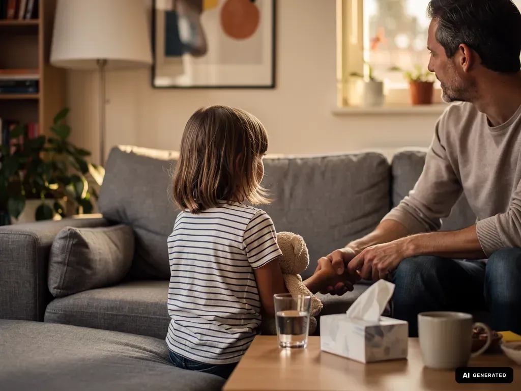 Vater hält die Hände seines Kindes mit Kuscheltier auf dem Sofa im Wohnzimmer. (mit KI erstellt)