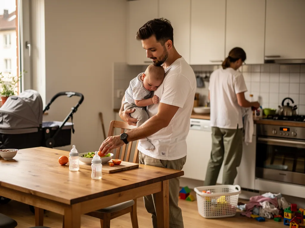 Vater hält ein Baby auf dem Arm und bereitet in der Küche Essen zu, während eine zweite Person im Hintergrund arbeitet.