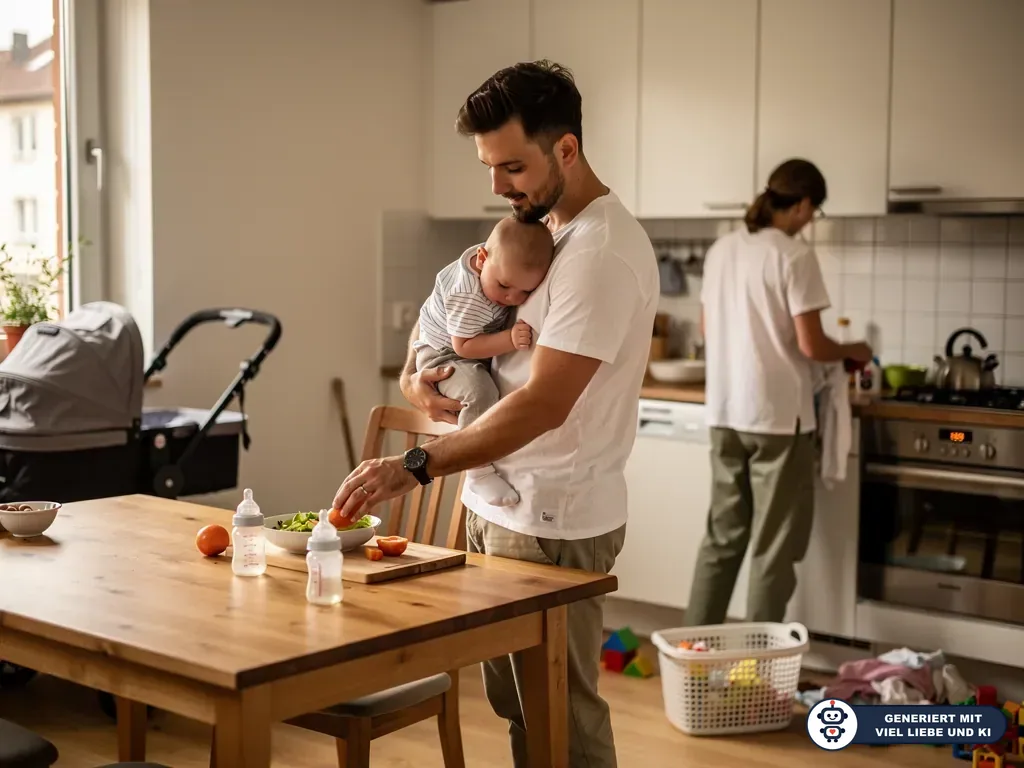 Vater hält ein Baby auf dem Arm und bereitet in der Küche Essen zu, während eine zweite Person im Hintergrund arbeitet. (mit KI erstellt)
