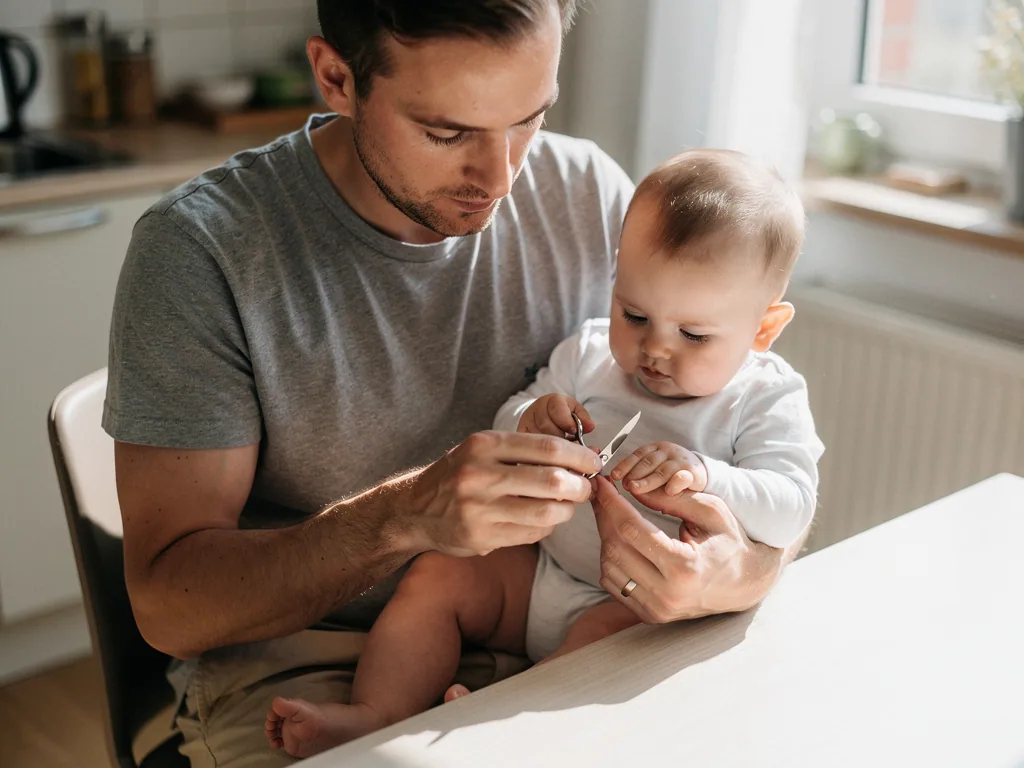 Vater hält ein Baby auf dem Schoß und schneidet vorsichtig dessen Fingernägel mit einer kleinen Nagelschere.