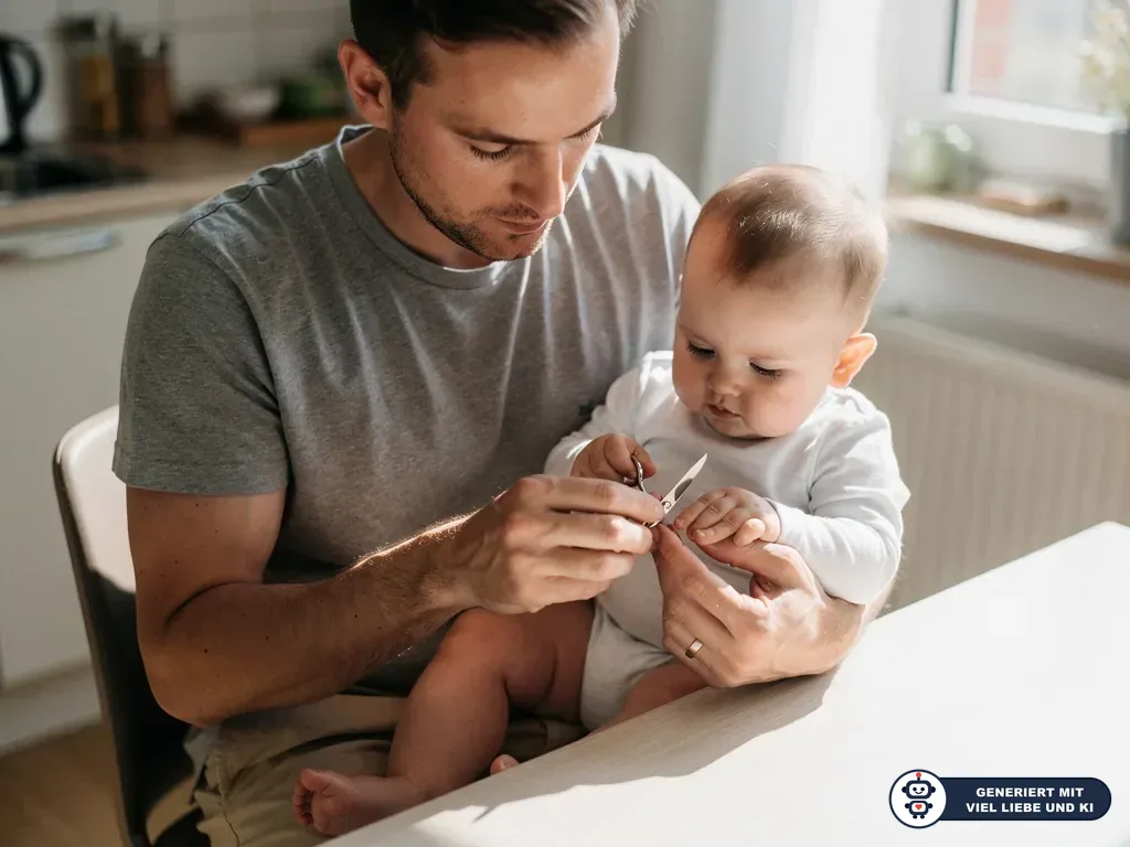 Vater hält ein Baby auf dem Schoß und schneidet vorsichtig dessen Fingernägel mit einer kleinen Nagelschere. (mit KI erstellt)