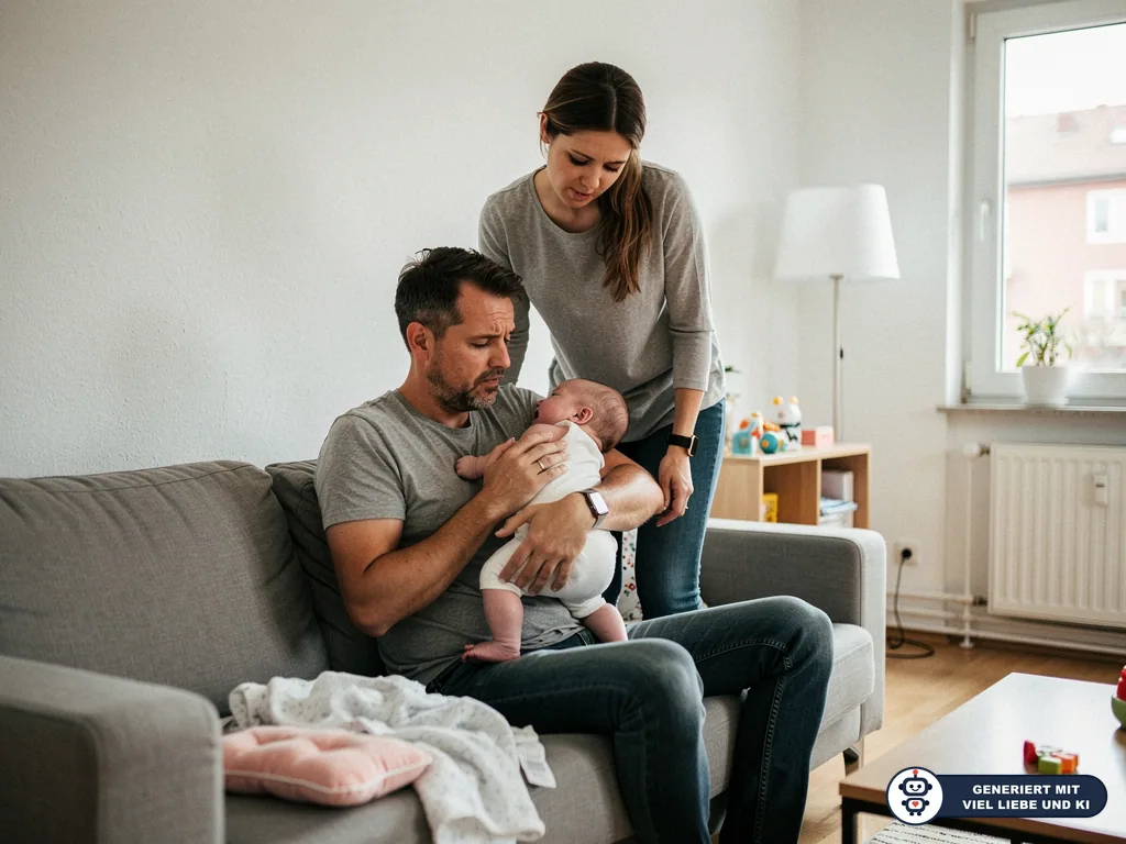 Vater hält ein Baby auf dem Sofa, die Mutter steht daneben und schaut besorgt zu. (mit KI erstellt)
