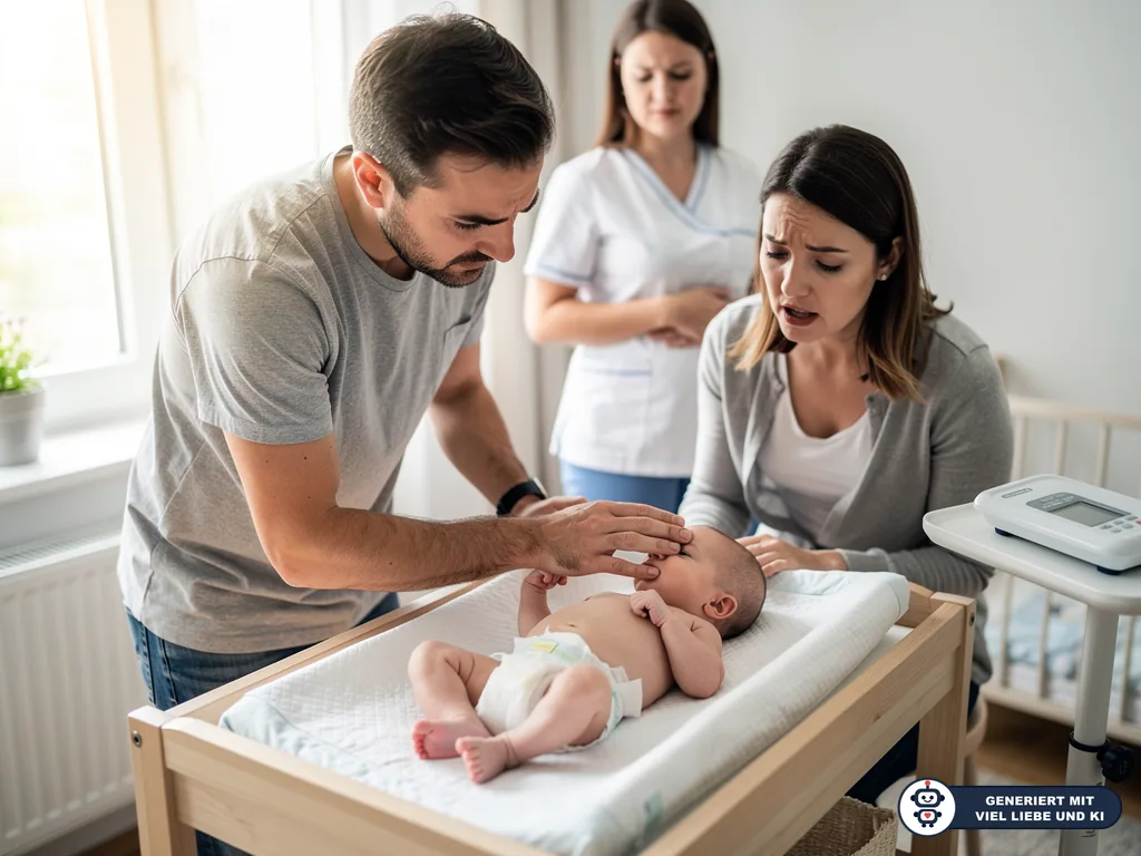 Vater hält ein Baby auf dem Wickeltisch, Mutter sitzt besorgt daneben, Hebamme beobachtet die Untersuchung. (mit KI erstellt)
