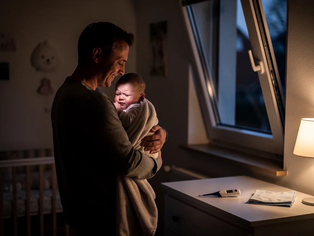 Vater hält ein Baby im Kinderzimmer am geöffneten Fenster, auf der Kommode liegen Fieberthermometer und Tuch.