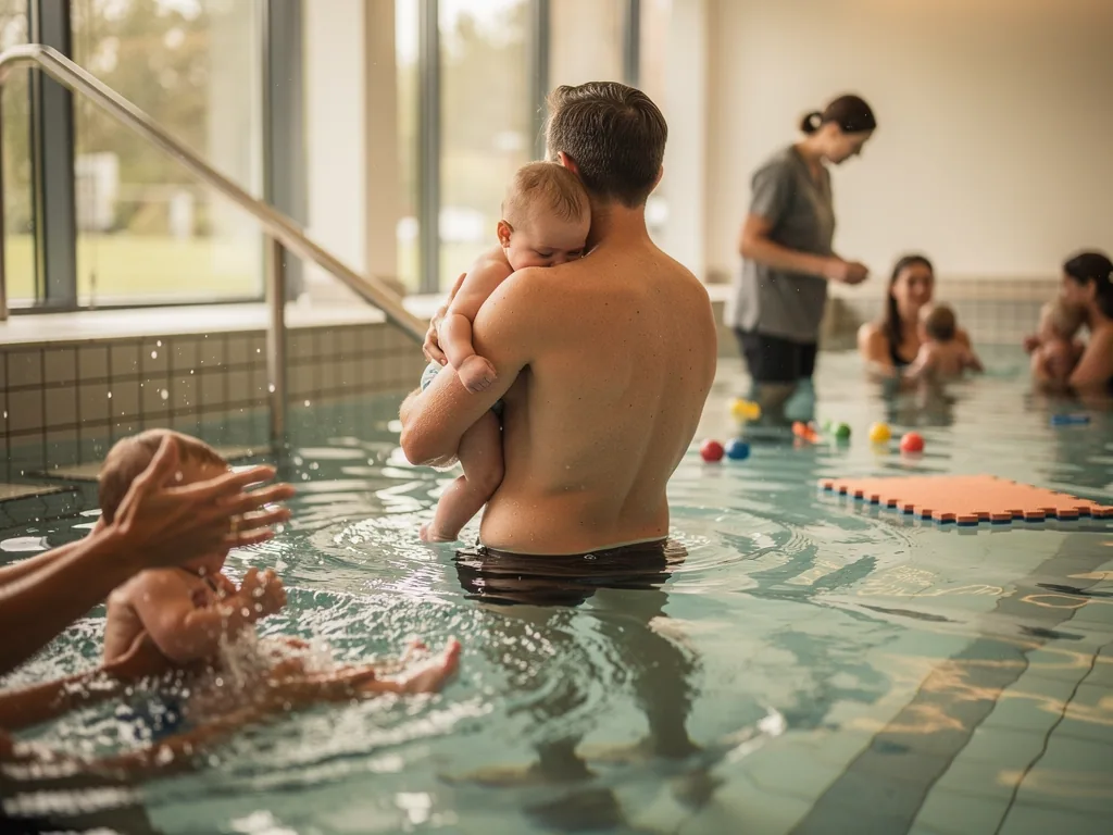 Vater hält ein Baby im warmen Schwimmbecken, während andere Eltern mit Babys im Wasser üben.