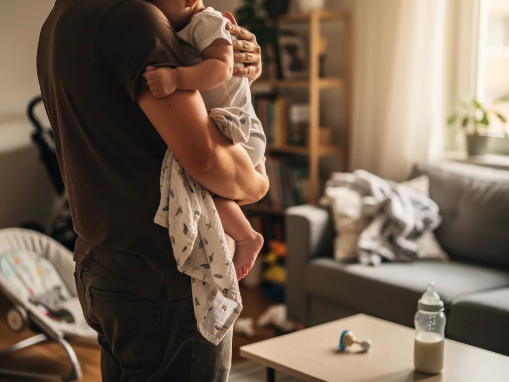 Vater hält ein Baby im Wohnzimmer auf dem Arm, daneben Babyflasche, Schnuller und Wippe.