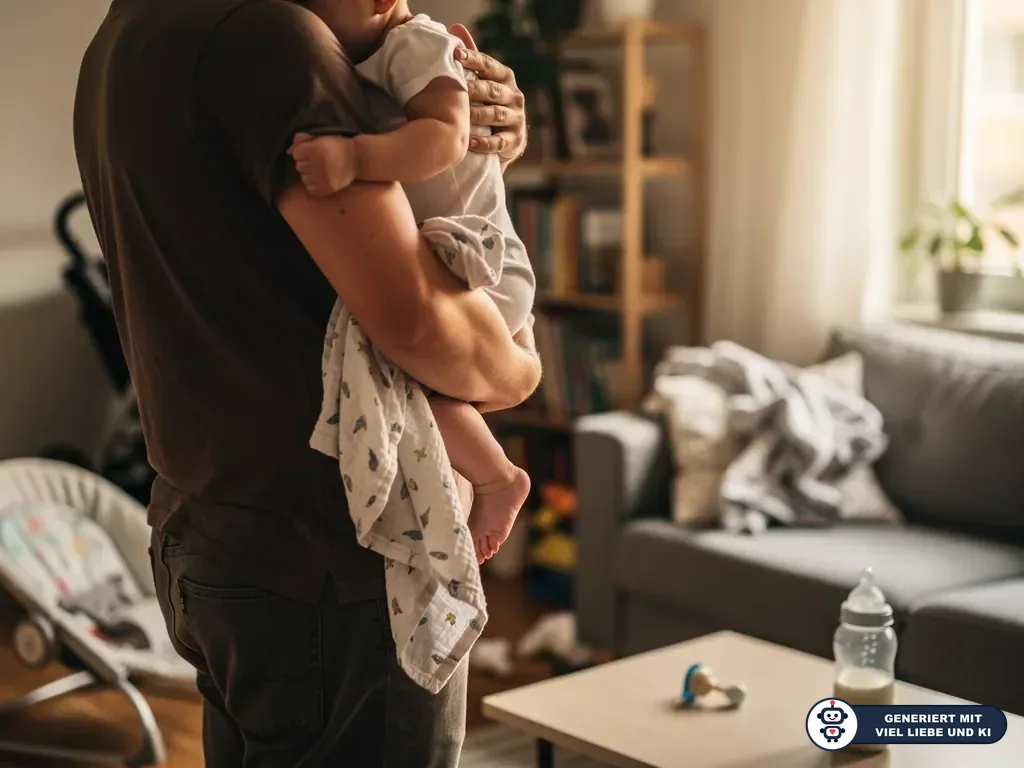 Vater hält ein Baby im Wohnzimmer auf dem Arm, daneben Babyflasche, Schnuller und Wippe. (mit KI erstellt)