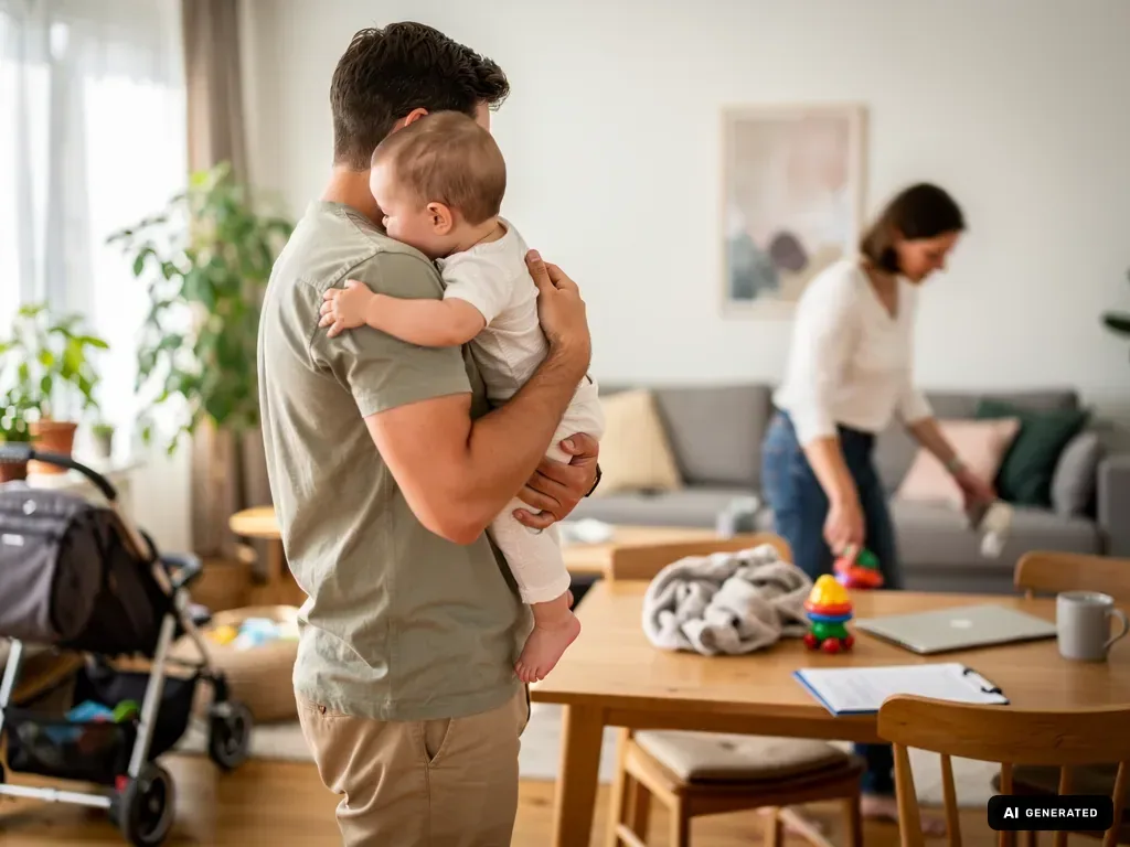 Vater hält ein Baby im Wohnzimmer auf dem Arm, während die Mutter am Tisch Spielsachen aufräumt. (mit KI erstellt)