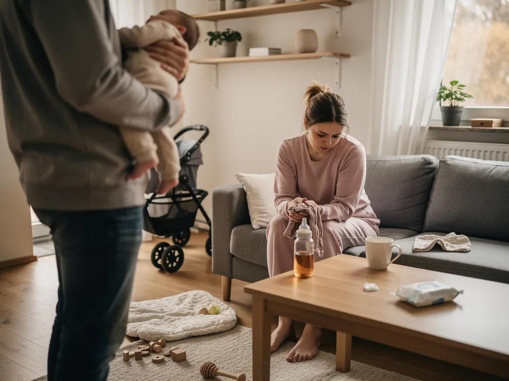 Vater hält ein Baby im Wohnzimmer, während die Mutter erschöpft auf dem Sofa sitzt.
